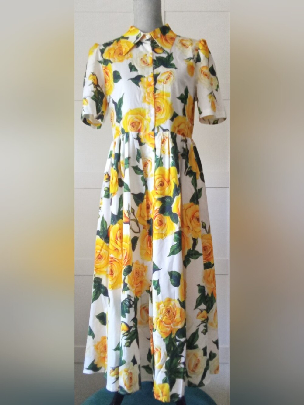 White Midi Dress with Yellow Rose Print and Short Sleeves